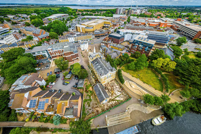 Aerial view of Staines-upon-Thames, a town on the left bank of t