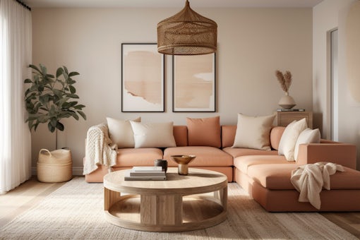 A chic Coastal Living Room with Coral and Jute textures that sho