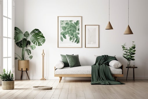 Design sofa, tropical plant, pillows, blanket, gramophone, and mock up picture frames are all featured in this stylish Scandinavian white room. Modern living area with white walls and brown oak parque.