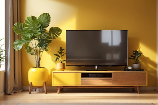 TV on Wooden Table, Plant in Trendy Vase, Yellow Wall