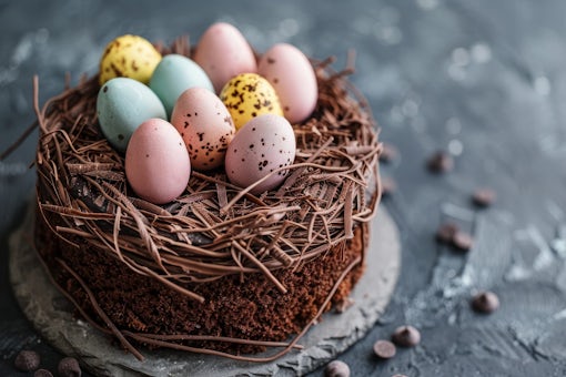 A Chocolate easter cake with a nest of edible eggs.