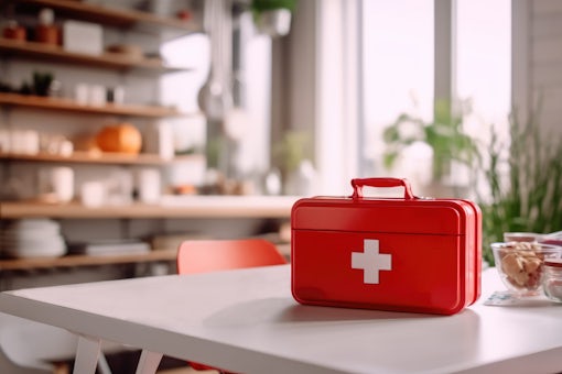 A first aid kit in a red box is on the table in the kitchen. Kitchen interior and medicine.