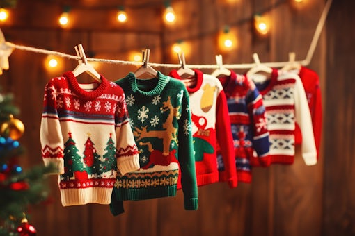Flat lay of colorful National Ugly Christmas Sweater Day decorations. High quality photo