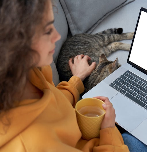Young hispanic girl relaxing on sofa with cat looking at mockup laptop screen.