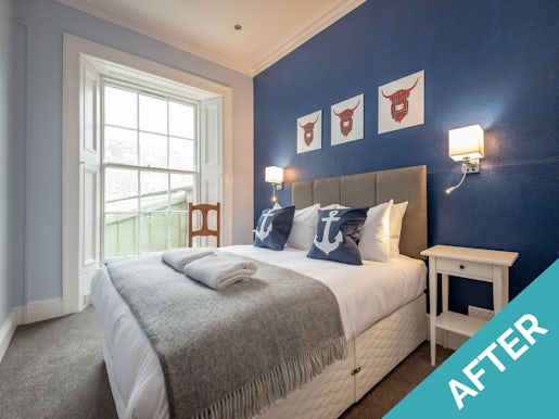 st andrews holiday home bedroom with double bed blue and white theme after refurbishment