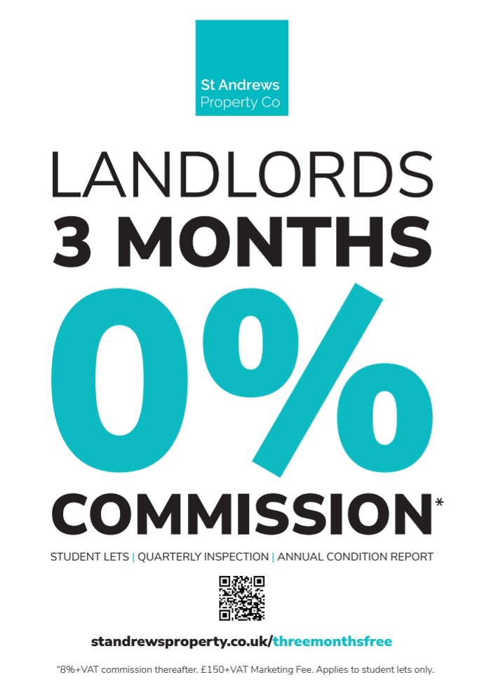 Graphic showing St Andrews Property Co student letting st andrews new let offer, 3 months commission free
