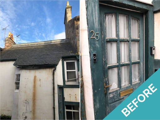 exterior of home with rust stains and flaking wooden door before a holiday let refurbishment project starts