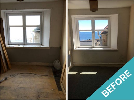holiday let bedroom before and after a refurbishment project with no carpet or furnishings overlooking the sea