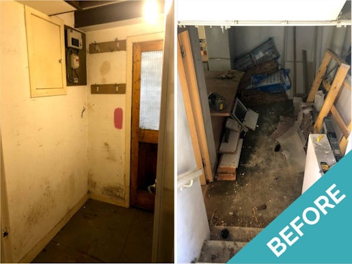 dirty utility room with debris and stained walls before a refurbishment project