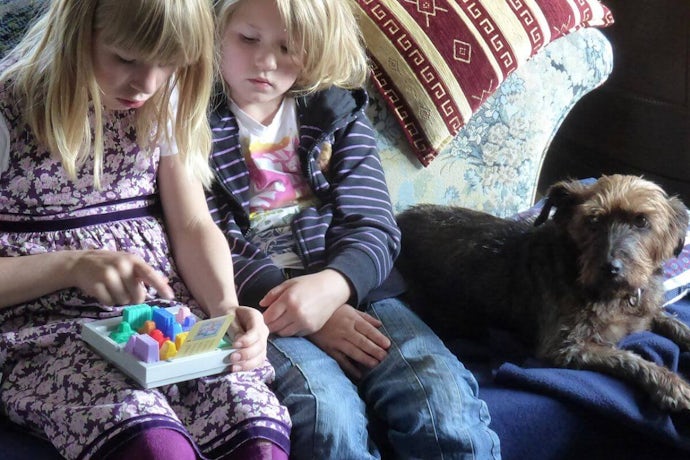 children playing with a puzzle on the sofa with their dog in a holiday home