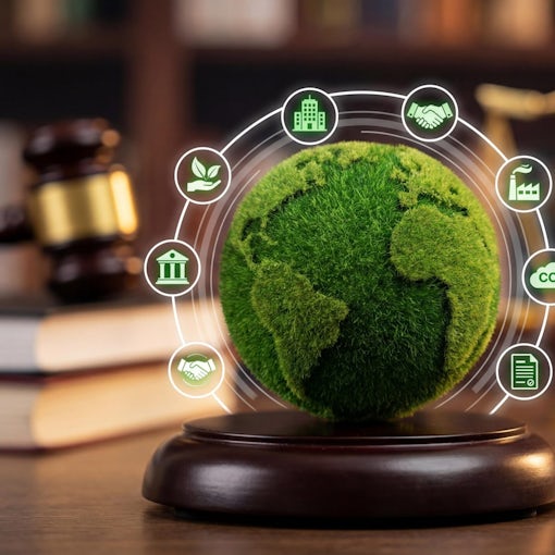Green globe on judge gavel sound block with scales of justice, environmental law and climate justice concept, ESG corporate compliance and ecological protection regulation.