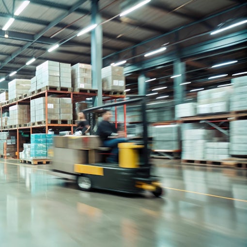 A busy warehouse scene captured with motion blur, showcasing the dynamic environment of logistics and supply.