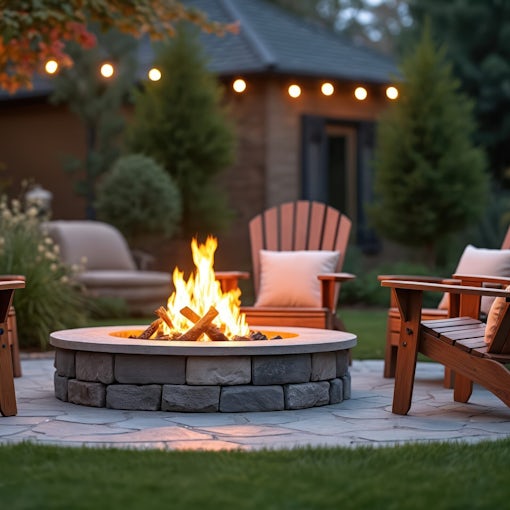 Outdoor backyard fire pit with wooden chairs creates a cozy gathering spot. Evening ambiance with warm fire flames and string lights offers relaxation. Perfect for family and friends.
