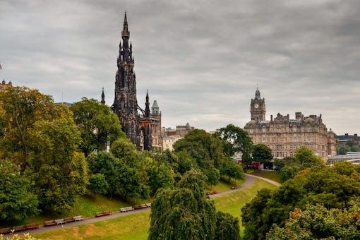 Edinburgh city with cathedral tower and a park, Scotland
