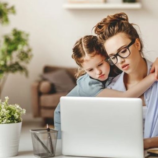Home-working mother with her 2 children.
