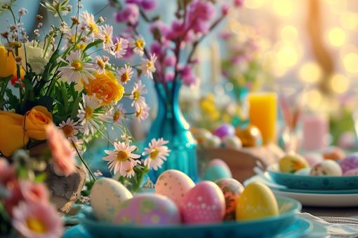 easter eggs in a basket with eggs