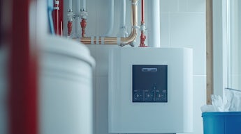 A view of insulated hot water pipes connected to a boiler with a digital control system.