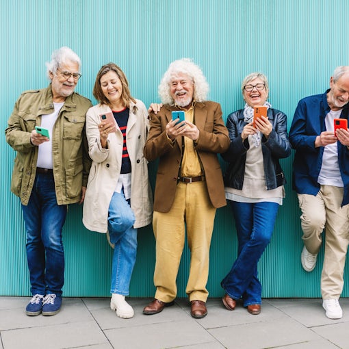 Licensed Reference this style 1 of 2 Use this image to generate new results that match its style. Save to Library Preview Crop Find Similar File #: 807400054 Happy senior adult people using mobile phones standing over isolated blue background. Communication and elderly lifestyle concept.