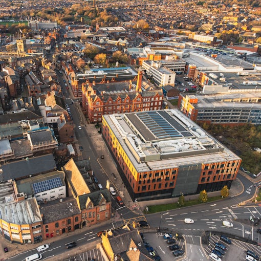 Aerial view of Wigan town centre with important buildings visible. Town hall, council, library, pubs, clubs and bars