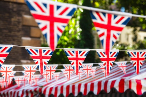 Strings of Union Jack bunts festive decoration in London England