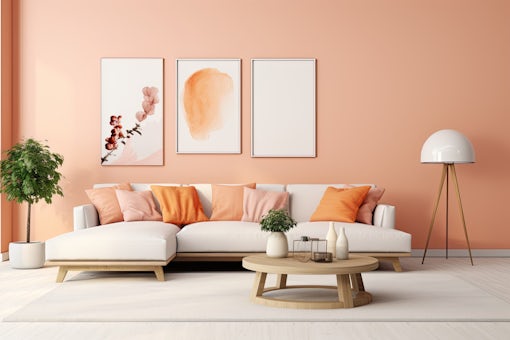 warmth and elegance with this enchanting living room in a captivating peach fuzz color theme