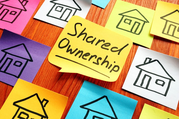 Shared ownership phrase and drawn houses.