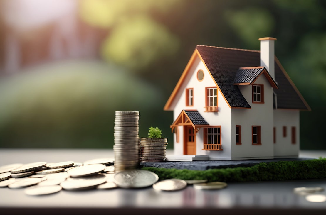 ai generated illustration Small model house with coins, buy and sell house