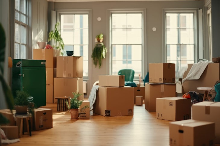 Move concept. Cardboard boxes and cleaning things for moving into a new home. Cardboard boxe background.