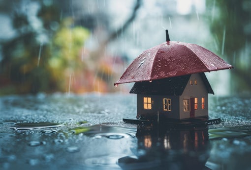 House model standing under umbrella in mud during heavy rain