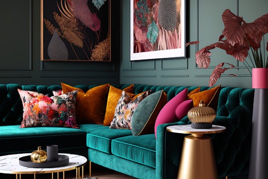Interior of eclectic living room with cozy velvet corner sofa and cushions.