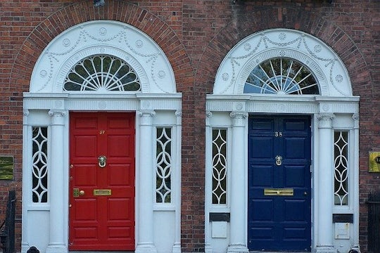 Two front doors in different colours.