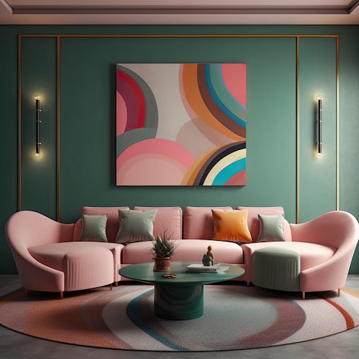 Mockup of turquoise and pink living room with large paintings on wall, rounded forms, light red and dark green, luxurious geometry, light orange. Generative AI