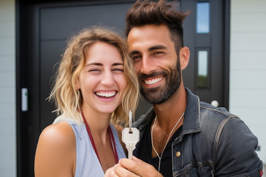 Portrait of happy young Caucasian couple renters showing house keys buy first shared home together. Smiling tenants, men and women, move into their new home. Concept of reality, rent, relocation.