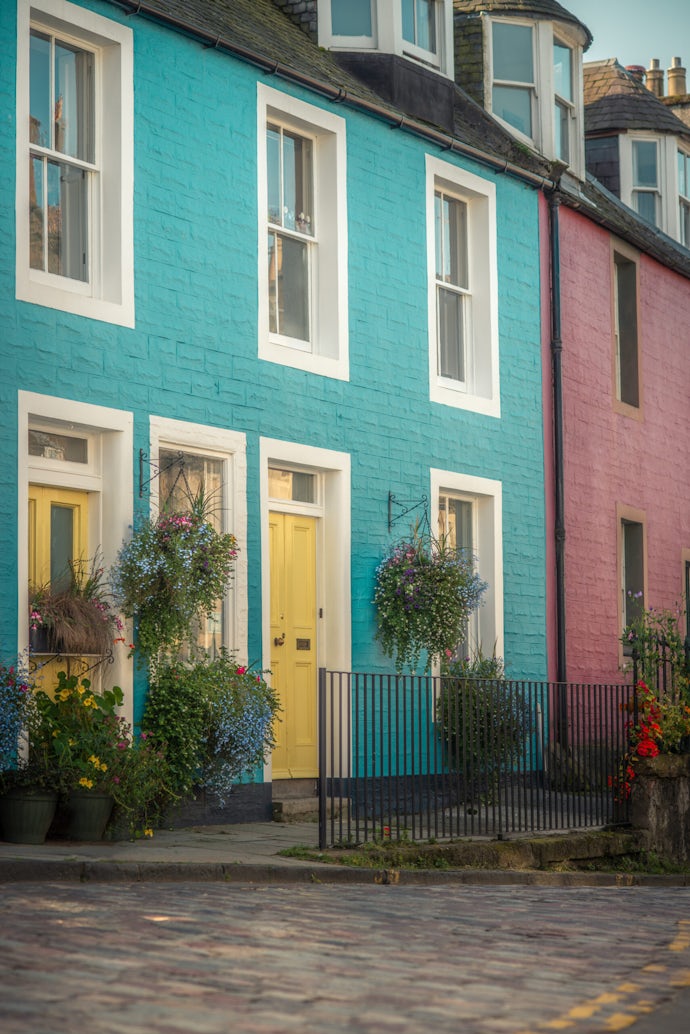 Colorful Houses on a Cobbled Street in South Queensferry near Edinburgh Scotland