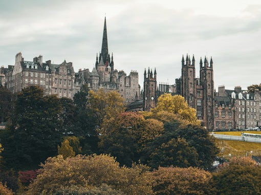 Edinburgh Old Town, as seen from Princess Street Gardens. The imposing building third from the right end is the New College of the University of Edinburgh.