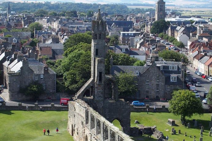 St Andrews city in Scotland with view on ruins of gothic cathedral